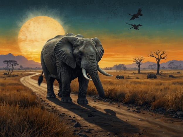 Auf dem Bild ist ein Elefant zu sehen, der auf einem offenen Weg in einer afrikanischen Savanne steht, umgeben von Grasland und wenigen Bäumen. Im Hintergrund geht die Sonne auf, was eine eindrucksvolle und ruhige Kulisse schafft.Diese Szene erinnert uns an die Herausforderungen, vor denen die Natur und der Naturschutz stehen. Elefanten sind in vielen Regionen gefährdet, hauptsächlich durch Habitatverlust, Wilderei und den illegalen Handel mit Elfenbein. Die Zerstörung ihres Lebensraums durch menschliche Aktivitäten hat dramatische Auswirkungen auf die gesamte Biodiversität der Savanne.Es ist wichtig, Maßnahmen zu ergreifen, um solche Lebensräume zu schützen und nachhaltige Praktiken zu fördern. Die Erhaltung der natürlichen Lebensräume und die Schaffung von Schutzgebieten sind entscheidend, um den Fortbestand dieser majestätischen Tiere und ihrer Umgebung zu sichern.
