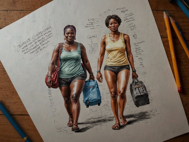 Auf dem Bild sieht man zwei Frauen, die mit Gepäck zu reisen scheinen. Es gibt einige Notizen und Skizzen im Hintergrund, die möglicherweise Reisevorbereitungen darstellen.Hier sind einige Tipps für die Reisevorbereitung:1. **Packliste erstellen**: Notieren Sie alles, was Sie benötigen, um sicherzustellen, dass Sie nichts Wichtiges vergessen.2. **Gepäck organisieren**: Verwenden Sie Organizer, um Ihren Koffer effizient zu packen und Platz zu sparen.3. **Reisedokumente prüfen**: Überprüfen Sie rechtzeitig Ihren Reisepass, Visa und andere wichtige Dokumente.4. **Gesundheitsvorsorge**: Informieren Sie sich über notwendige Impfungen oder Gesundheitsvorkehrungen für Ihr Reiseziel.5. **Finanzielle Planung**: Legen Sie ein Budget fest und informieren Sie sich über Zahlungsmethoden und Währungswechsel.6. **Ziele recherchieren**: Informieren Sie sich über die besten Sehenswürdigkeiten, Restaurants und Aktivitäten am Zielort.Mit diesen Tipps sind Sie gut auf Ihre Reise vorbereitet!