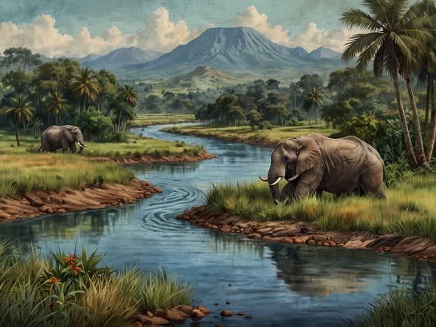 Das Bild zeigt eine malerische Landschaft mit einem Fluss, umgeben von üppigem Gras und Palmen, in der zwei Elefanten zu sehen sind. Diese Szenerie erinnert an die vielfältige Natur der Demokratischen Republik Kongo, die für ihre beeindruckenden Tierarten und Landschaften bekannt ist.Die Demokratische Republik Kongo, im Herzen Afrikas gelegen, ist das zweitgrößte Land des Kontinents und beherbergt den bekannten Kongo-Fluss sowie den Kongo-Regenwald, der eine der größten zusammenhängenden Waldflächen der Welt darstellt. Die reiche Tierwelt, einschließlich vieler Elefanten, ist Teil des ökologischen Erbes des Landes und spielt eine wichtige Rolle im nationalen und internationalen Naturschutz.