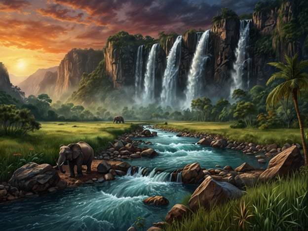 Auf dem Bild ist eine beeindruckende Landschaft mit vielfältiger Natur zu sehen. Im Vordergrund fließt ein klarer Fluss mit strömendem Wasser über Steine, während majestätische Elefanten in der Nähe stehen. Im Hintergrund erheben sich hohe Berge, an denen beeindruckende Wasserfälle herabstürzen. Der Himmel strahlt in warmen Farben des Sonnenuntergangs, was die Szenerie in ein magisches Licht taucht. Die üppige Vegetation und die lebendige Tierwelt tragen zur Schönheit dieser eindrucksvollen Landschaft bei.