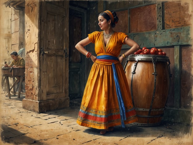 Auf dem Bild ist eine Frau in traditioneller, farbenfroher Kleidung zu sehen, die in einer lebhaften, ländlichen Umgebung steht. Ihr Kleidungsstil und die Schmuckstücke spiegeln reiche kulturelle Traditionen wider, die oft mit Feierlichkeiten und Alltag im Dorfleben verbunden sind.Im Hintergrund befindet sich ein Holzfass, das mit roten Äpfeln gefüllt ist, was auf die landwirtschaftlichen Wurzeln und die Bedeutung von Früchten in der lokalen Kultur hinweist. Die Szene vermittelt ein Gefühl von Gemeinschaft und Tradition, während die aktive Pose der Frau mit ihrer selbstbewussten Ausstrahlung die Rolle der Frauen in diesen Kulturen betont.Diese Darstellung könnte an folkloristische Märkte oder Feste erinnern, wo solche traditionellen Kleidungen häufig getragen werden. Das Bild vermittelt ein Gefühl von Vitalität und Identität, das in vielen Kulturen geschätzt wird.