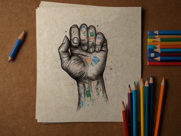Auf dem Bild ist eine Zeichnung einer erhobenen Hand zu sehen, die mit verschiedenen Farben und Symbolen verziert ist. Die Herausforderungen dieser Darstellung liegen in der Interpretation der Bedeutungen hinter den Tätowierungen und Farben, die oft persönliche oder kulturelle Geschichten erzählen.Die Perspektive des Künstlers könnte darauf hinweisen, dass die Hand für Stärke, Widerstand oder Identität steht. Diese Emotionen können unterschiedliche Reaktionen hervorrufen und zum Nachdenken anregen über Themen wie Freiheit und individuelle Ausdrucksformen. Die Buntstifte im Bild könnten die Möglichkeit symbolisieren, Kreativität und Ausdruck noch weiter zu erforschen.