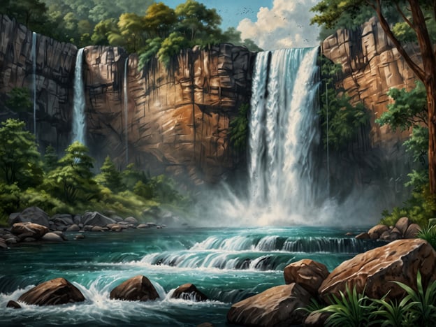 Die Victoriafälle, bekannt als eines der beeindruckendsten Naturwunder der Welt, befinden sich an der Grenze zwischen Simbabwe und Sambia. Sie sind eines der größten Wasserfälle der Erde und besticht durch ihre dramatischen Wasserfälle, die in eine tiefe Schlucht stürzen.Auf dem Bild sind malerische Wasserfälle zu sehen, die über felsige Klippen herabstürzen und in einen klaren Gewässerlauf münden. Umgeben von üppigem Grün und Bäumen, vermittelt die Szene eine friedliche und majestätische Atmosphäre, die den Charakter der Victoriafälle gut widerspiegelt. Die schäumenden Wassermengen und die beeindruckende Felsformation tragen zur dramatischen Schönheit dieses Ortes bei.