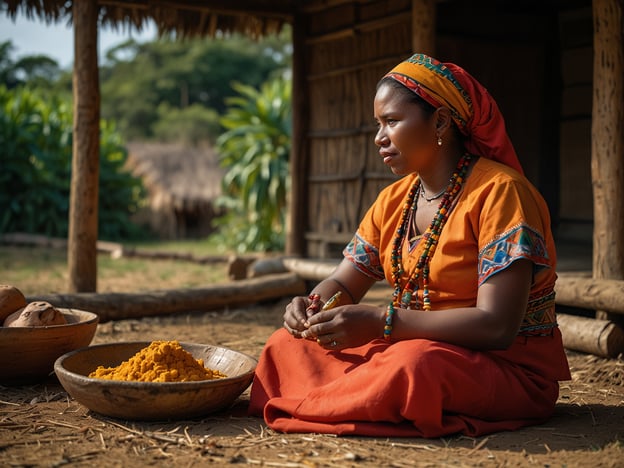 Auf dem Bild ist eine Frau zu sehen, die in traditioneller Kleidung sitzt. Sie arbeitet mit Gewürzen, wahrscheinlich Kurkuma, was in vielen afrikanischen Kulturen eine bedeutende Rolle spielt. In der Nähe der Victoriafälle sind die Traditionen der einheimischen Völker wie der Tonga und der Ndebele stark ausgeprägt. Diese Kulturen nutzen oft Farb- und Gewürzvielfalt in ihrer Küche sowie in rituellen Praktiken.Die Frau in dem Bild könnte Teil einer Zeremonie oder eines Festes sein, wo das Zubereiten von Speisen und die Verwendung von natürlichen Zutaten eine zentrale Rolle spielen. Die leuchtenden Farben ihrer Kleidung spiegeln die kulturelle Vielfalt und das Erbe der Region wider, und die handwerkliche Arbeit unterstreicht die tief verwurzelte Verbindung zur Natur und zu traditionellen Praktiken.