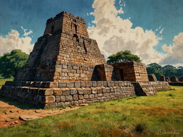 Das Bild zeigt eine imposante Steinstruktur, die an die Ruinen von Great Zimbabwe erinnern könnte. Great Zimbabwe ist eine historische Stätte und war das Zentrum eines mächtigen Königreichs, das vom 11. bis zum 15. Jahrhundert bestand. Die Ruinen sind bekannt für ihre beeindruckende Architektur aus Naturstein, ohne Mörtel, und sind ein Symbol für die Ingenieurskunst und den sozialen Organisierungsgrad der damaligen Bevölkerung.Die Stätte war ein wichtiges Handelszentrum und spielte eine Schlüsselrolle im Austausch von Gold, Silber und anderen Waren, vor allem mit arabischen Händlern. Die Architektur, einschließlich der markanten Türme und Mauern, spiegelt die kulturelle Identität und den Reichtum der Gesellschaft wider, die einst dort lebte. Great Zimbabwe ist nicht nur ein bedeutendes archäologisches Erbe, sondern auch ein wichtiger Teil der nationalen Identität Simbabwes.