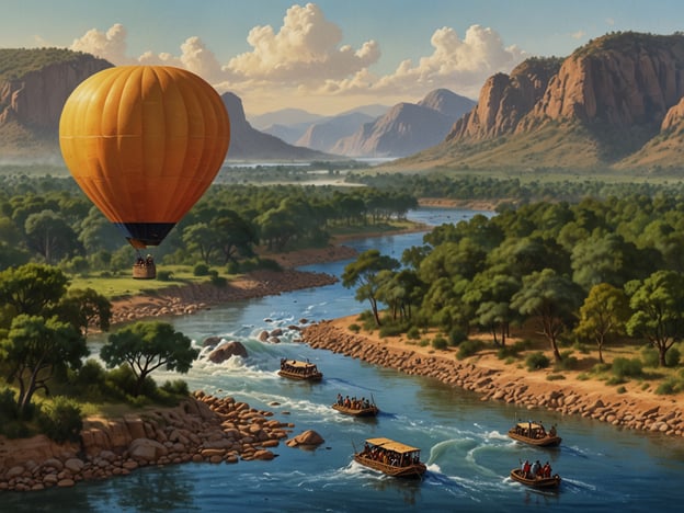 Auf dem Bild ist eine beeindruckende Landschaft zu sehen, in der ein heißluftballon über einem malerischen Fluss schwebt. Die Umgebung ist grün und hügelig, mit einer Vielzahl von Bäumen und Felsen. Im Wasser sind mehrere Boote zu sehen, die entspannt den Fluss hinunterfahren.Diese Szene vermittelt ein Gefühl von Abenteuer und Erkundung. Man könnte sich vorstellen, in einem dieser Boote eine gemütliche Flussfahrt zu unternehmen oder die Aussicht aus dem Ballon zu genießen und die Schönheit der Natur aus der Höhe zu bewundern. Es ist ein perfekter Ort für Aktivitäten wie das Ballonfahren oder eine Bootstour, um die Umgebung zu entdecken und die Ruhe der Natur zu erleben.