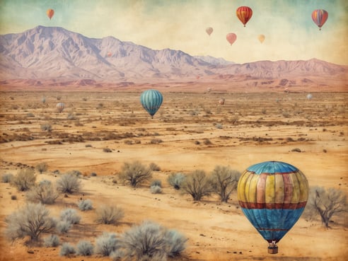 Luftaufnahme einer Wüstenlandschaft bei Albuquerque mit zahlreichen bunten Ballons, die sanft über der weiten, trockenen Ebene und den sanften Hügeln schweben. Die Berge im Hintergrund sind leicht verwischt, während die Ballons in verschiedenen Farben und Mustern den Himmel erhellen. Die Szenerie vermittelt ein Gefühl von Freiheit und Abenteuer in der einzigartigen Wüstenumgebung.