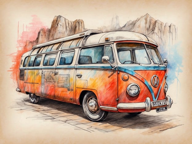 Auf dem Bild ist ein klassischer Volkswagen-Bus (VW-Bus) dargestellt, der in lebhaften Farben, hauptsächlich Orange und Blau, gestaltet ist. Der Bus ist ein ikonisches Fahrzeug, das oft mit Reisen und Camping in Verbindung gebracht wird.
**Praktische Informationen für Besucher:**
1. **Fotografie**: Der VW-Bus ist ein beliebtes Motiv für Fotos, besonders in der Natur oder bei Festivalveranstaltungen. Überlege, wie du die Landschaft oder die Umgebung in dein Bild einbeziehen kannst.
2. **Reiseziele**: Wenn du einen solchen Bus besitzt oder mietest, eignen sich Roadtrips durch malerische Gegenden gut. Schau dir Nationalparks oder Küstenstraßen an, die sich perfekt für ein Abenteuer im Bus eignen.
3. **Mietoptionen**: Viele Städte bieten die Möglichkeit, VW-Busse für Wochenendtrips oder längere Reisen zu mieten. Informiere dich vorher über die Verfügbarkeit und Preise.
4. **Camping**: Achte darauf, dass du in Campingplätzen übernachtest, die für Wohnmobile und Vans geeignet sind. Viele Plätze legen Wert auf eine entspannte Atmosphäre, ideal für VW-Bus-Fans.
5. **Sicherheit**: Überprüfe vor der Fahrt die Basisfunktionen des Fahrzeugs, um sicherzustellen, dass alles reibungslos funktioniert.
Viel Spaß beim Erkunden!