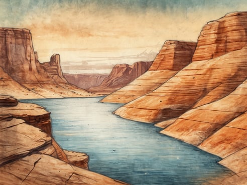 Die Ansicht zeigt eine majestätische Landschaft von Lake Powell, umgeben von hohen, rot-braunen Felsen und sanften Hügeln, die von der späten Nachmittagssonne beleuchtet werden. Das ruhige Wasser des Sees spiegelt die Farben des Himmels wider und fließt durch eine enge Schlucht, die zwischen den Felsen verläuft. Die Szene vermittelt ein Gefühl von Ruhe und Abenteuer in der Wüste, ideal für Natur- und Wassersportliebhaber.
