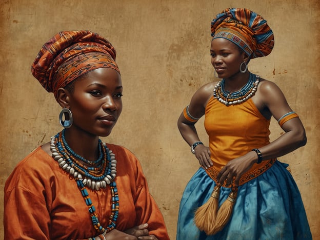 Das Bild zeigt zwei Frauen, die traditionelle Kleidung tragen, die reich an kulturellen Elementen ist. Ihre Outfits sind mit lebendigen Farben und auffälligen Mustern gestaltet, was auf eine tiefe kulturelle Tradition hinweist. Die Frauen tragen auch auffälligen Schmuck, darunter Halsketten und Armreifen, die oft in vielen afrikanischen Kulturen als Zeichen von Identität und Status angesehen werden.Die stilvollen Kopfbedeckungen, oder Tücher, spiegeln ebenfalls die kulturelle Vielfalt wider. Solche Kleidungsstücke sind nicht nur modische Accessoires, sondern tragen auch starke symbolische Bedeutungen und können oft regionale oder ethnische Zugehörigkeiten anzeigen.Insgesamt verkörpern die Frauen die Vielfalt und den Reichtum der traditionellen Kulturen, die durch ihre Kleidung und ihren Schmuck zum Ausdruck kommen.