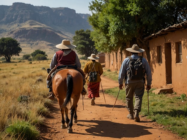 Auf dem Bild sind mehrere Personen zu sehen, die auf einem schmalen Weg wandern. Eine Person reitet auf einem Pferd, während die anderen zu Fuß unterwegs sind. Die Umgebung scheint ländlich und von Bergen umgeben zu sein, mit Häusern entlang des Weges.### Praktische Reisetipps für deinen Besuch:1. **Ausrüstung**: Trage bequeme Wanderschuhe und wetterfeste Kleidung. Ein Hut bietet Schutz vor der Sonne.2. **Wasser und Snacks**: Stelle sicher, dass du ausreichend Wasser und Snacks dabei hast, besonders wenn du längere Strecken wanderst.3. **Respektiere die Natur**: Halte die Umgebung sauber und achte darauf, keine Pflanzen oder Tiere zu stören.4. **Lokale Kultur**: Informiere dich über die lokale Kultur und Bräuche, um respektvoll zu interagieren und mehr über die Region zu erfahren.5. **Kamera**: Vergiss nicht, deine Kamera einzupacken, um die beeindruckenden Landschaften festzuhalten!6. **Sicherheit**: Wandere in Gruppen und informiere dich über die Wanderrouten, um dich nicht zu verlaufen.Viel Spaß bei deinem Besuch!