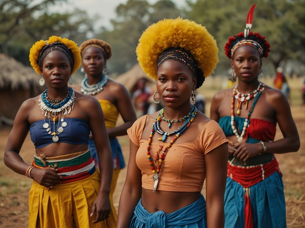 Auf dem Bild sind mehrere Frauen in traditioneller swasiländischer Kleidung zu sehen. Sie tragen lebendige Farben wie Blau, Orange und Gelb, die oft mit festlichen Anlässen in der swasiländischen Kultur assoziiert werden.Die Frauen sind mit prächtigen Schmuckstücken verziert, darunter Halsketten und Ohrringe, die in dieser Kultur eine wichtige Rolle spielen und oft aus Materialien wie Perlen und Metall gefertigt sind.Ihre Frisuren sind ebenfalls auffällig, was die Bedeutung von Haar und Stil in der Tradition unterstreicht. Solche Darstellungen könnten Teil eines kulturellen Festes oder einer Zeremonie sein, die die Geschichte, Identität und den Gemeinschaftsgeist der swasiländischen Menschen feiern.