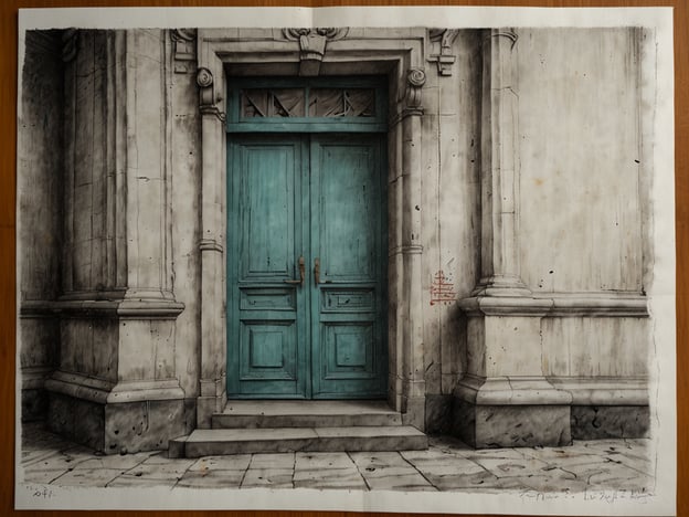 Auf dem Bild ist eine detaillierte Darstellung einer Eingangstür zu sehen. Die Tür ist in einem auffälligen Türkis gehalten und befindet sich in einer architektonisch interessanten Umgebung mit Säulen und einem strukturierten Boden. Die Wände sind in sanften Grautönen gehalten, was einen Kontrast zur lebhaften Türfarbe darstellt.Fazit: Die Zukunft Swasilands könnte von einem Fokus auf Architektur und kultureller Identität geprägt sein, mit einer Verbindung zwischen traditionellem Erbe und moderner Ästhetik.