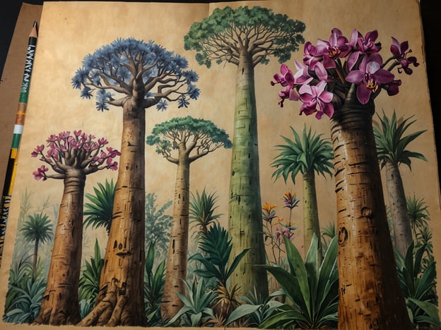 Auf dem Bild ist eine künstlerische Darstellung einer vielfältigen Pflanzenwelt zu sehen, die an die Flora Madagaskars erinnert. Zu erkennen sind große, säulenartige Bäume mit unterschiedlichen Farben und Formen, die teilweise mit bunten Blüten geschmückt sind. Diese Darstellung spiegelt die einzigartige Biodiversität Madagaskars wider, wo viele Pflanzenarten, darunter auch verschiedene Baumarten und Orchideen, endemisch sind. Die Szene vermittelt einen Eindruck von der tropischen Schönheit und den lebendigen Farben, die man in dieser Region finden kann.