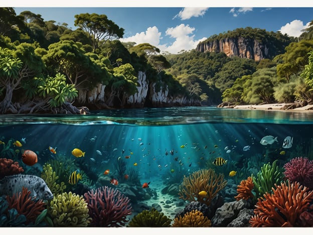 Auf dem Bild ist eine malerische Unterwasserlandschaft mit bunten Korallen, verschiedenen Fischarten und einer schönen Küstenlinie mit üppigem grünen Bewuchs zu sehen.Für Naturenthusiasten könnte ein Besuch solcher Orte, wie beispielsweise Korallenriffe oder ruhige Küstengewässer, viele spannende Aktivitäten bieten:1. **Schnorcheln und Tauchen:** Erforschen Sie die Unterwasserwelt und genießen Sie die Farbenpracht der Korallen und der Fische. Achten Sie darauf, die Riffe zu respektieren und nicht zu berühren.2. **Kayakfahren:** Eine ruhige Paddeltour entlang der Küste ermöglicht es Ihnen, die Landschaft aus einer anderen Perspektive zu erleben und versteckte Buchten zu entdecken.3. **Naturwanderungen:** Erkunden Sie die angrenzenden Wälder und Küstenlinien auf Wanderungen. Oft gibt es gut ausgeschilderte Wege, die durch faszinierende Flora und Fauna führen.4. **Vogelbeobachtung:** Die Küstenregionen sind oft auch Lebensraum für zahlreiche Vogelarten. Nutzen Sie Ferngläser, um die Vögel in ihrem natürlichen Habitat zu beobachten.5. **Fotografie:** Halten Sie die Schönheit der Natur und die faszinierenden Unterwasserlandschaften mit Ihrer Kamera fest.Genießen Sie diese Erlebnisse, während Sie die Natur respektvoll und nachhaltig erkunden!