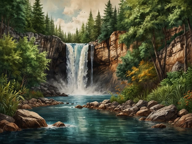 Auf dem Bild ist eine malerische Landschaft mit einem Wasserfall zu sehen, der in einen ruhigen Fluss mündet. Rund um den Wasserfall sind grüne Bäume und Felsen, die ein schönes Naturpanorama bieten.Abseits der Strände könnten Aktivitäten wie Wandern in den umliegenden Wäldern, Vogelbeobachtung oder Fotografie der beeindruckenden Natur stattfinden. Außerdem bietet sich an, ein Picknick in der Nähe des Wassers zu machen oder einfach die Ruhe der Natur zu genießen.