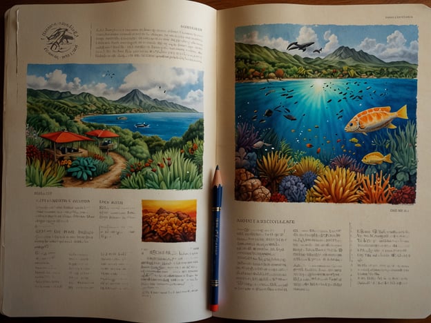 Auf dem Bild sind zwei Illustrationen zu sehen, die die natürliche Schönheit der Komoren wiederspiegeln.Die linke Seite zeigt eine Küstenlandschaft mit bunten Hütten, die von üppiger Vegetation umgeben sind. Hier könnte man entspannen, lokale Gerichte genießen oder die beeindruckende Aussicht auf das Wasser und die umliegenden Berge erleben. Solche Orte bieten oft die Möglichkeit, die Kultur und Gastfreundschaft der Komoren zu erleben.Auf der rechten Seite wird das maritime Leben beschrieben, mit lebhaften Korallenriffen und einer Vielzahl von bunten Fischen. Hier kann man Aktivitäten wie Schnorcheln oder Tauchen genießen, um die faszinierende Unterwasserwelt der Komoren zu erkunden. Diese Erlebnisse sind ideal, um die Artenvielfalt und die Schönheit der Meeresumwelt zu entdecken.Insgesamt vermitteln die Bilder ein Gefühl von Erholung und Abenteuer, das man auf den Komoren erleben kann.