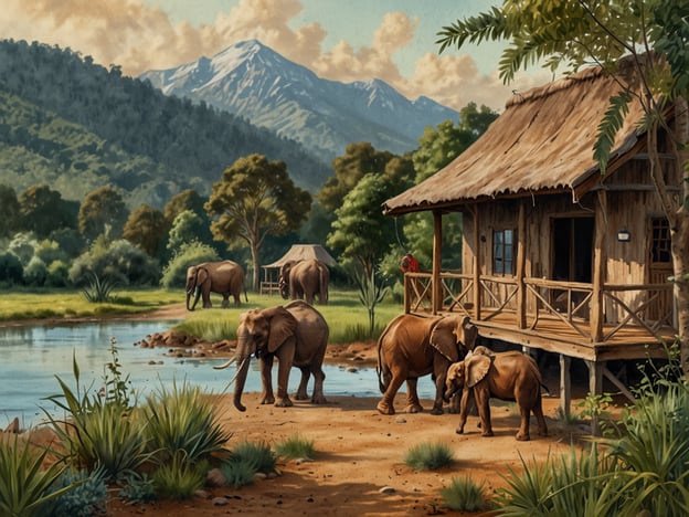 Auf dem Bild sind Elefanten in einer naturnahen Umgebung zu sehen, die sich an einem Gewässer aufhalten. Im Vordergrund steht ein hölzernes Häuschen, das in Harmonie mit der Landschaft gestaltet ist. Diese Darstellung erinnert an die Bedeutung von Nachhaltigkeit und verantwortungsbewusstem Reisen.Reiseziele wie dieses fördern ein Bewusstsein für die Natur und die Tierwelt, indem sie die Schönheit der Umgebung hervorheben. Verantwortungsbewusstes Reisen bedeutet, die lokale Flora und Fauna zu respektieren, um den Lebensraum der Tiere zu schützen und gleichzeitig ein authentisches Naturerlebnis zu ermöglichen. Solche Orte bieten auch die Möglichkeit, die lokale Kultur zu erleben und unterstützen die Gemeinschaften, die sich für den Erhalt ihrer Umwelt einsetzen.