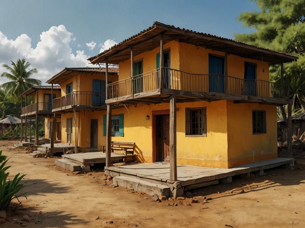 Auf dem Bild sind gelbe Häuser zu sehen, die in einer ländlichen Umgebung stehen. Diese Art von Architektur könnte für nachhaltigen Tourismus in Malawi typisch sein, wo umweltfreundliche Unterkünfte häufig in malerischen Landschaften integriert werden. Diese Bauweise könnte nicht nur die lokale Kultur widerspiegeln, sondern auch darauf abzielen, die Umwelt zu schonen und Touristen eine authentische Erfahrung zu bieten. Es ist wichtig, solche Projekte zu fördern, um die Natur zu bewahren und die lokale Gemeinschaft zu unterstützen.