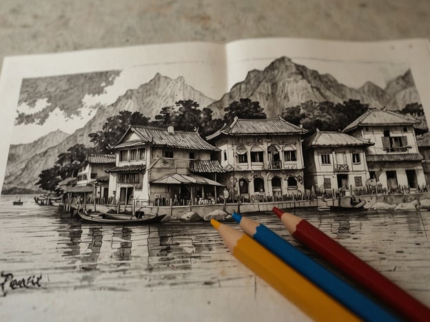 Auf dem Bild ist eine Schwarz-Weiß-Zeichnung eines malerischen Uferbereichs mit traditionellen Häusern, die sich an einem Gewässer befinden. Im Vordergrund liegen einige Boote und im Hintergrund sind Berge zu sehen. Neben der Zeichnung liegen mehrere Farbstifte.**Praktische Tipps für die Reise:**1. **Kreativität mitnehmen:** Packe ein kleines Skizzenbuch und Farbstifte ein, um deine Reiseerlebnisse künstlerisch festzuhalten.2. **Besuch lokaler Märkte:** Erkunde die Umgebung, insbesondere die Märkte, um lokale Kunst und Handwerk zu entdecken.3. **Wetter prüfen:** Informiere dich über das Wetter, damit du die richtige Kleidung mitnehmen kannst, insbesondere wenn du in bergige Regionen reist.4. **Genügend Wasser mitnehmen:** Halte dich hydriert, besonders wenn du viel laufen und die Umgebung erkunden möchtest.5. **Kultur respektieren:** Informiere dich über die örtlichen Gebräuche und Bräuche, um respektvoll mit der örtlichen Bevölkerung umzugehen.