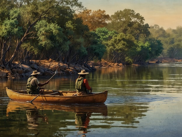 Auf dem Bild sind zwei Männer zu sehen, die in einem Kanu auf einem ruhigen Gewässer paddeln, umgeben von üppiger Vegetation und Bäumen. Diese Szenerie erinnert an ein Safari-Abenteuer, wo man die Schönheit der Natur hautnah erleben kann.Das Paddeln auf einem ruhigen Fluss bietet die Möglichkeit, die Tierwelt zu beobachten, von Vögeln bis hin zu Wasserlebewesen. Es ist eine friedliche Erlebnistour, bei der man die Ruhe und die atemberaubende Landschaft genießen kann. Diese Art von Abenteuer ist ideal für Naturbegeisterte, die das Zusammenspiel von Wasser und Wald erkunden möchten.