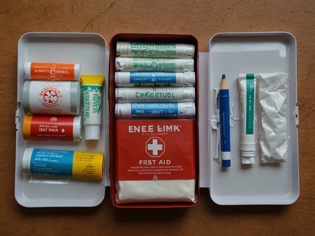 Auf dem Bild ist ein Erste-Hilfe-Kasten zu sehen, der verschiedene medizinische Utensilien und Salben enthält.Hier sind einige praktische Tipps für deine Safari in Simbabwe:1. **Erste-Hilfe-Ausrüstung**: Stelle sicher, dass du einen gut ausgestatteten Erste-Hilfe-Kasten mit auf deine Safari nimmst, so wie auf dem Bild gezeigt. Dieser sollte Verbände, antiseptische Salben und Schmerzmittel enthalten.2. **Mückenschutz**: Nutze einen wirksamen Mückenschutz, um Krankheiten wie Malaria zu vermeiden. Trage langärmlige Kleidung und verwende Insektenschutzmittel.3. **Wasserfilter**: Achte darauf, genug Wasser zu trinken, aber vermeide Leitungswasser. Ein Wasserfilter kann hilfreich sein, um sicheres Trinkwasser zuzubereiten.4. **Sonnenschutz**: Verwende Sonnencreme mit hohem Lichtschutzfaktor, um dich vor Sonnenbrand zu schützen. Auch ein Hut und Sonnenbrillen sind empfehlenswert.5. **Respektiere die Tierwelt**: Halte Abstand zu Wildtieren, um sowohl deine Sicherheit als auch die der Tiere zu gewährleisten. Folge den Anweisungen deines Guides.6. **Lange Fahrten**: Plane ausreichend Zeit für Fahrten ein; die Straßen können uneben sein, und oft gibt es Tierbeobachtungen, die dich aufhalten könnten.7. **Reiseversicherung**: Stelle sicher, dass du eine passende Reiseversicherung hast, die auch für medizinische Notfälle während deiner Safari gilt.