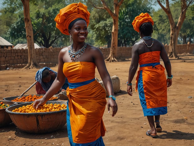 Auf dem Bild sind Frauen in traditionellen, farbenfrohen Kleidern zu sehen, die typisch für die Kultur Sambias sind. Die leuchtenden Farben, insbesondere Orange und Blau, sind oft Teil der Tracht, die zu festlichen Anlässen oder im Alltag getragen wird. Solche Kleider sind oft handgefertigt und spiegeln die lokale Handwerkskunst wider.In Sambia spielen Märkte eine zentrale Rolle im sozialen Leben, wo Menschen zusammenkommen, um Waren wie frisches Obst und Gemüse zu verkaufen und zu kaufen. Die Darstellung von Frauen, die an einem Markt aktiv sind, zeigt die wichtige Rolle der Frauen in der Gemeinschaft und der Wirtschaft. Zudem könnten die Feierlichkeiten oder traditionelle Tänze, die oft in diesen kulturellen Kontexten stattfinden, Teil des Bildes sein, was die lebendige Kultur Sambias unterstreicht.