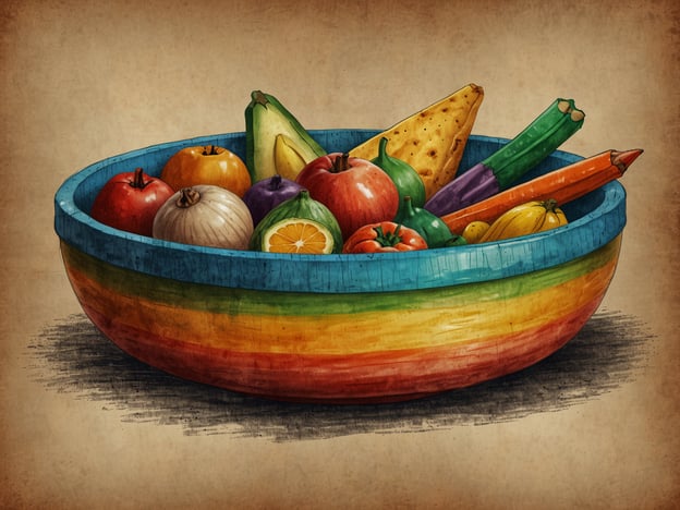 Auf dem Bild ist eine bunte Schüssel mit einer Vielzahl von frischen Früchten und Gemüse zu sehen. Diese Vielfalt symbolisiert die unterschiedlichen Kulturen und Traditionen, die sich um Nahrung und Landwirtschaft ranken. In vielen Kulturen spielt das Teilen von Speisen eine zentrale Rolle, sei es bei Festen, Familienfeiern oder alltäglichen Mahlzeiten.Die leuchtenden Farben der Schüssel könnten die Freude und den Reichtum der Ernte darstellen, während die verschiedenen Obst- und Gemüsesorten die saisonale Vielfalt und die regionalen Besonderheiten der Küche reflektieren. In vielen Traditionen wird auf die Bedeutung von frischen, lokalen Zutaten geachtet, was sowohl die Gesundheit als auch die Verbindung zur Umwelt fördert.