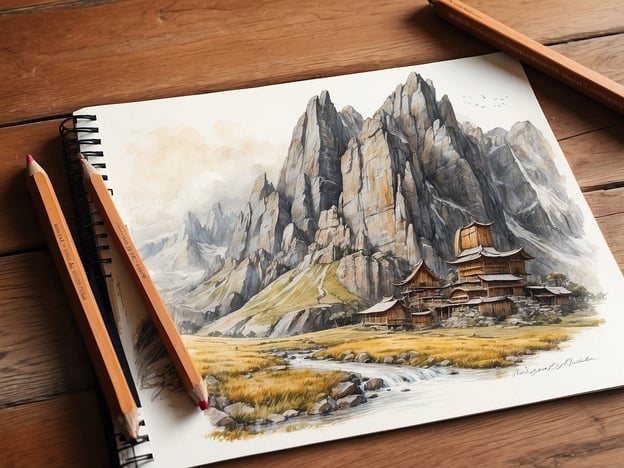 Auf dem Bild ist ein wunderschönes Aquarell dargestellt, das eine malerische Berglandschaft zeigt.
**Einzigartige Merkmale:**
- Im Vordergrund steht ein ruhiger Fluss, der durch sanfte Wiesen mit hohem Gras fließt.
- Auf der linken Seite erhebt sich eine beeindruckende Felslandschaft mit hoch aufragenden, schroffen Gipfeln.
- Eine traditionelle, asiatisch wirkende Architektur ist im mittleren Bereich des Bildes zu sehen, mit mehreren miteinander verbundenen Gebäuden, die kunstvoll verziert sind und ein Dach mit nach oben geschwungenen Ecken besitzen.
**Highlights:**
- Die Farbpalette ist sanft und harmonisch, mit sanften Erdtönen und Grautönen der Berge, kombiniert mit dem goldenen Gelb des Grases.
- Der Himmel ist bewölkt, was eine melancholische und friedliche Stimmung schafft und die majestätische Szenerie betont.
- In der Ferne sind auch kleine Vögel zu sehen, die über die Landschaft fliegen, was dem Bild eine Lebendigkeit verleiht.
Insgesamt vermittelt das Bild eine ruhige, harmonische Atmosphäre und eine Verbundenheit zur Natur.