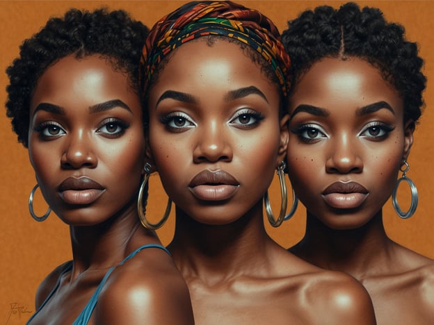 Auf dem Bild sind drei Frauen mit ähnlichen Gesichtszügen und Frisuren zu sehen, die harmonisch nebeneinander stehen. Die Frauen tragen auffällige Ohrringe und Styles, die ihre Kultur und Identität widerspiegeln.
Der Einfluss Nigerias auf die globale Gemeinschaft zeigt sich in solchen Darstellungen, die die Vielfalt und Schönheit der nigerianischen Kultur unterstreichen. Nigeria ist bekannt für seine reiche Kunstszene und Mode, die internationale Anerkennung findet. Durch Kunst und Medien beeinflusst Nigeria weltweit, indem es Traditionen und moderne Trends kombiniert und damit eine globale Perspektive auf afrikanische Schönheit und Identität eröffnet. Dieser kulturelle Austausch fördert ein besseres Verständnis und eine Wertschätzung der nigerianischen und afrikanischen Kultur insgesamt.