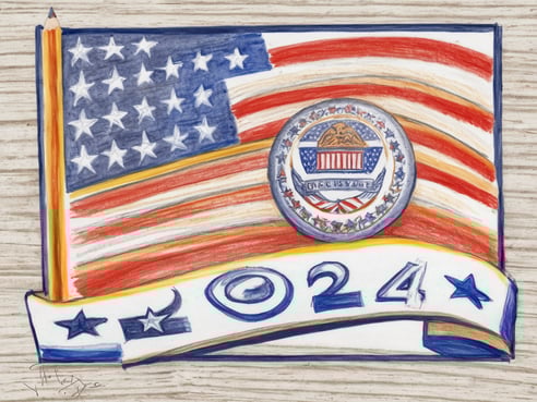 Auf dem Bild ist eine künstlerische Darstellung der amerikanischen Flagge zu sehen, die im Hintergrund prominent platziert ist. In der Mitte befindet sich ein Wappen, das mit einem Adler und dem Schriftzug „E Pluribus Unum“ verziert ist. Unterhalb des Wappens verläuft ein Banner mit der Aufschrift „2024“. Es gibt auch einige stilisierte Sterne und farbige Linien, die das patriotische Thema unterstreichen. Wann sind die USA Wahlen 2024?
