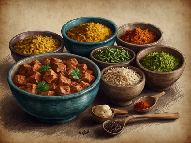Auf dem Bild sind verschiedene kulinarische Köstlichkeiten zu sehen, die typisch für die Elfenbeinküste sind. Es gibt eine Schüssel mit mariniertem Fleisch oder Tofu, garniert mit frischem Koriander, sowie mehrere Schalen mit Reis, getrockneten Hülsenfrüchten und Gewürzen.Typische Zutaten könnten beispielsweise:- **Attiéké** (fermentierter Yuca),- **Fufu** (ein Püree aus Kochbananen oder Yams),- verschiedene Reis- und Linsengerichte sowie- eine Auswahl an Gewürzen wie Piment, Chili und Senfkörner.Dieses Arrangement spiegelt die geschmackvolle und vielfältige Küche der Region wider.