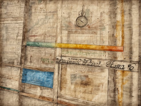 Auf dem Bild sind alte Finanzdokumente und Diagramme zu sehen, die an einer Wand angebracht sind. In der Mitte befindet sich eine alte Taschenuhr. Die Dokumente sind teilweise verwaschen und zeigen verschiedene Zahlen sowie Grafiken. Die Farbgebung ist überwiegend beige mit einigen bunten Akzenten in Grün, Blau und Orange. Oben und unten sind Textfragmente zu erkennen, darunter ein Schriftzug, der den Namen einer Firma oder Person trägt. Die gesamte Komposition vermittelt einen historischen Eindruck von Finanztransaktionen. Wann öffnet die Börse in den USA?