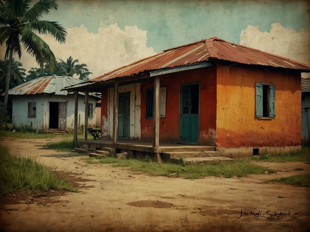 Das Bild zeigt eine ländliche Szene mit mehreren einfachen Häusern, die miteinander eine Gemeinschaft bilden. Diese Art von Architektur kann auf die koloniale Vergangenheit Liberias hinweisen, als die ersten afrikanisch-amerikanischen Siedler, die im 19. Jahrhundert von den USA zurückkehrten, begannen, sich in der Region niederzulassen.Liberia wurde 1822 gegründet, und die Umwelt und Bauweise variieren stark je nach Region und historischer Entwicklung. Die Häuser könnten nicht nur die Lebensweise der Einwohner widerspiegeln, sondern auch die Herausforderungen, mit denen das Land im Laufe seiner Geschichte konfrontiert war, darunter Bürgerkrieg und wirtschaftliche Schwierigkeiten.Die Verwendung von Blechdächern und die einfache Bauweise sind typisch für viele ländliche Gebiete in Liberia, wo Ressourcen begrenzt sind. Insgesamt spiegelt das Bild sowohl die kulturelle Identität als auch die historischen Umstände des Landes wider.