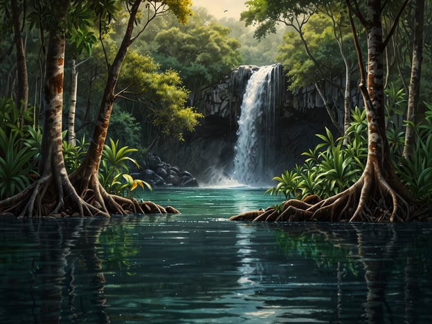 Auf dem Bild ist eine malerische Landschaft zu sehen, die von üppigen, grünen Pflanzen und Bäumen umgeben ist. Ein kleiner Wasserfall fließt sanft in einen ruhigen, klaren Fluss, dessen Oberfläche die umgebenden Bäume und den Himmel reflektiert. Diese Szenerie könnte in den tropischen Regenwäldern von Liberia spielen, die für ihre beeindruckende Biodiversität und spektakulären Wasserfälle bekannt sind. Die Kombination aus Wasser, Vegetation und Licht schafft eine friedliche und harmonische Atmosphäre, die typisch für die natürliche Schönheit des Landes ist.