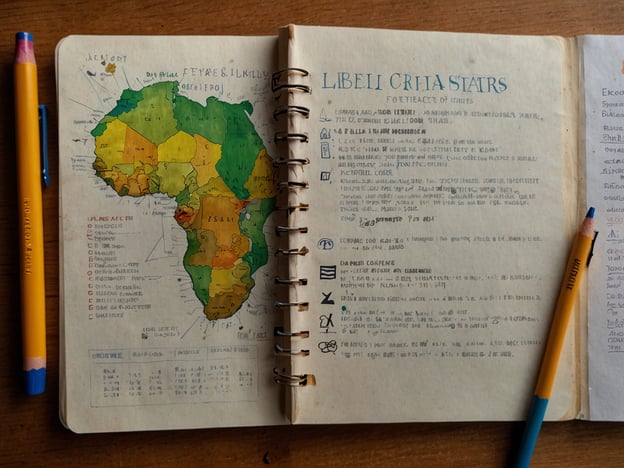 Auf dem Bild ist eine geographische Darstellung von Afrika mit einem Fokus auf Liberia zu sehen, ergänzt durch handschriftliche Notizen und Zeichnungen. Wenn du nach Liberia reisen möchtest, hier einige Tipps:1. **Visum und Einreise**: Stelle sicher, dass du ein gültiges Visum hast, bevor du ankommst, und informiere dich über die Einreisebestimmungen.2. **Sprache**: Englisch ist die Amtssprache, was die Kommunikation erleichtert.3. **Sehenswürdigkeiten**: Besuche die Hauptstadt Monrovia und erkunde den Providence Island oder die Nationalmuseum für Kultur und Geschichte.4. **Natur erleben**: Der Sapo Nationalpark ist ein wunderschöner Ort für Wanderungen und Tierbeobachtungen, ideal für Naturliebhaber.5. **Kultur**: Nimm an lokalen Festivals oder Märkten teil, um die liberianische Kultur hautnah zu erleben.6. **Sicherheit**: Achte auf aktuelle Reisewarnungen und informiere dich über sicherere Gegenden.Genieße deine Reise und sei offen für die vielfältigen Erfahrungen, die Liberia zu bieten hat!