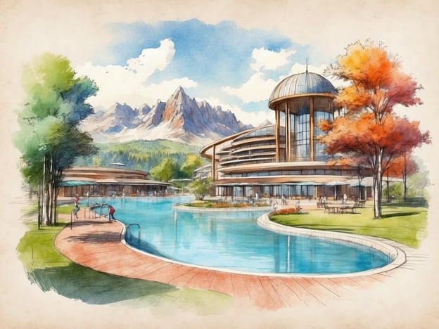 Das Bild zeigt eine malerische Ansicht von Aquopolis, einer traumhaften Wasserwelt, die im Einklang mit der Natur steht. Umgeben von majestätischen Bergen und strahlend blauen Himmel, präsentiert sich das moderne Gebäude mit seiner geschwungenen Form.
Der glitzernde Pool, der sich sanft um die Anlage windet, lädt die Besucher ein, sich zu entspannen und das Wasser zu genießen. Bäume mit leuchtenden Herbstfarben und großzügige Terrassen schaffen eine einladende Atmosphäre.
In Aquopolis können die Gäste nicht nur schwimmen, sondern auch zahlreiche Attraktionen und Erholungsmöglichkeiten erleben, die das Leben unter Wasser und an Land perfekt kombinieren. Die gesamte Szenerie spiegelt die Harmonie zwischen Mensch und Natur wider, die das Herz von Aquopolis ausmacht.