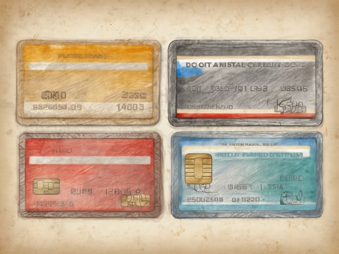 Auf dem Bild sind vier Kreditkarten in verschiedenen Farben und Designs abgebildet. Oben links ist eine gelbe Karte mit der Aufschrift EKID und einer Nummer. Darunter ist eine rote Karte mit der Aufschrift MLAU und einem Mastercard-Logo. Oben rechts ist eine graue Karte mit mehreren auffälligen Elementen und der Aufschrift DOORT ANISTAL CERTAINS. Unten rechts befindet sich eine blaue Karte mit einem Chip und der Aufschrift IBUILT ENHANCED SYSTEM. Der Hintergrund ist beige und gibt dem Bild ein leicht antikes Aussehen.