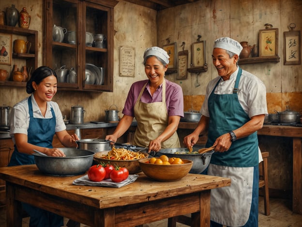 Auf dem Bild ist eine Gruppe von Menschen in einer Küche zu sehen, die miteinander arbeiten und anscheinend eine Mahlzeit zubereiten. Dies erinnert an die Gastronomie Sierra Leones, wo gemeinschaftliches Kochen eine wichtige Rolle spielt. In Sierra Leone ist die Küche geprägt von traditionellen Gerichten wie Jollof-Reis, Cassava und verschiedenen Fisch- und Fleischgerichten, oft gewürzt mit lokalen Gewürzen und Zutaten.Die dargestellte Szene könnte auch die Bedeutung von Familien- und Gemeinschaftsessen hervorheben, die in der sierra-leonischen Kultur hochgeschätzt werden. Es zeigt die Freude und den Zusammenhalt, die beim Kochen und Essen entstehen.