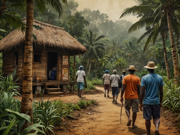 Auf dem Bild sind fünf Personen zu sehen, die einen Weg durch eine üppige, tropische Landschaft entlanggehen. Im Hintergrund befindet sich eine einfache Holzhütte mit einem Strohdach. Die Umgebung ist geprägt von Palmen und dichtem Grün.In Bezug auf nachhaltigen Tourismus in Sierra Leone könnte dieses Bild eine typische Szene darstellen, in der lokale Gemeinschaften und ihre Umwelt in den Fokus rücken. Der nachhaltige Tourismus zielt darauf ab, natürliche Ressourcen zu schützen, die Kultur der Einheimischen zu respektieren und den Gästen authentische Erlebnisse zu bieten. Solche Szenarien könnten Wanderungen durch die Natur, den Besuch kultureller Stätten oder die Unterstützung von lokalen Wirtschaften umfassen, was für die Entwicklung und den Schutz der Region von großer Bedeutung ist.
