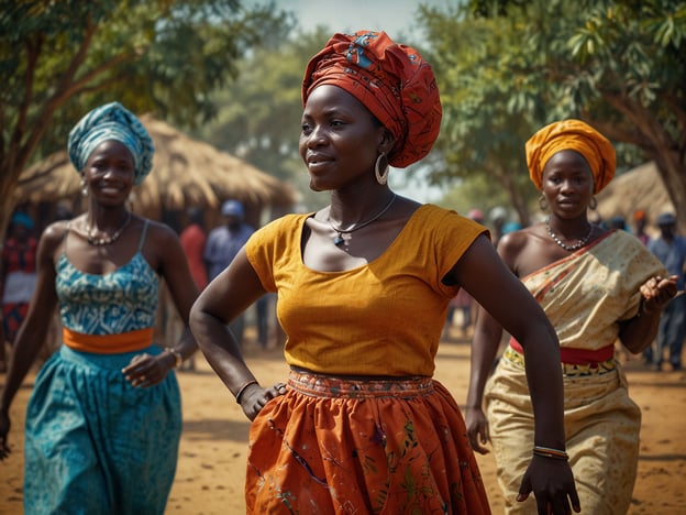 Auf dem Bild sind Frauen zu sehen, die traditionelle afrikanische Kleidung tragen, die in Gambia typisch ist. Ihre Outfits sind farbenfroh und oft aus aufwendigen Stoffen, was die kulturelle Vielfalt und die Schönheit der gambischen Traditionen widerspiegelt. Solche Kleidungsstile sind oft Teil von festlichen Anlässen und wichtig für gesellschaftliche Ereignisse.Die Frauen könnten an einem Tanz oder einer Feier teilnehmen, was ebenfalls eine zentrale Rolle in der gambischen Kultur spielt, wo Gemeinschaftsfeiern, Musik und Tanz eine große Bedeutung haben. Solche Traditionen stärken das soziale Zusammengehörigkeitsgefühl und sind oft mit rituellen Elementen verbunden.