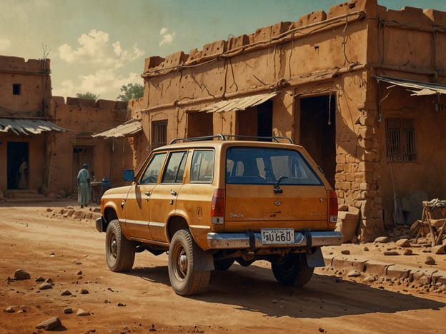 Auf dem Bild ist ein gelbes Auto in einer staubigen Straße vor Gebäuden zu sehen, die aus lehmigen Materialien gebaut sind. Diese Szenen erinnern an traditionelle Siedlungen in Mali, wo Architektur und Lebensweise stark von der Umgebung und den Kulturtraditionen geprägt sind.Mali ist bekannt für seine reiche Geschichte, insbesondere durch das Königreich von Mali und die legendären Städte wie Timbuktu und Gao. Diese Orte waren einst bedeutende Zentren des Handels und der Bildung. Die Verwendung von Lehm in der Bauweise spiegelt auch die jahrhundertealte Baukunst wider, die in vielen Regionen Afrikas verbreitet ist und die Anpassung an die klimatischen Bedingungen betont.Der Anblick des Autos könnte eine Verbindung zwischen der alten Zivilisation Malis und der modernen Welt darstellen, indem er zeigt, wie sich die Gesellschaft im Laufe der Zeit verändert hat.