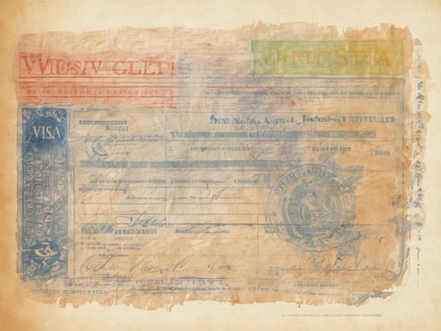 Das Bild zeigt ein historisches Visum, das offensichtlich für die Einreise in die USA ausgestellt wurde. Es enthält verschiedene Stempel und Unterschriften sowie einen blauen und roten Hintergrund. Der obere Teil des Dokuments ist teilweise beschädigt und der Text ist schwer lesbar. In der Mitte befindet sich eine große Aufschrift „VISA“. Das Papier hat eine vergilbte und verblasste Erscheinung, was auf sein Alter hinweist.