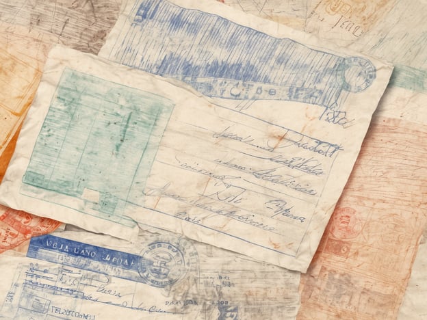 Das Bild zeigt eine Ansammlung von alten, bedruckten Dokumenten und Papieren, die teilweise farbige Stempel und handschriftliche Notizen enthalten. Die Papiere sind in verschiedenen Größen und Farben angeordnet, darunter Blau, Orange und Beige. Diese Dokumente könnten Reisedokumente oder Ausweise darstellen, die wichtig sind für die Einreise in die USA, wie Visa oder Einwanderungsbescheinigungen. Der zerknitterte und abgenutzte Zustand der Papiere deutet auf ein historisches oder nostalgisches Element hin.