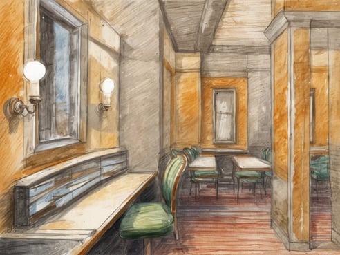Der Raum zeigt einen stilvollen Innenbereich mit Holzfußboden und warmen Farbtönen. An einer Wand befindet sich eine Bank mit einer langen Tischplatte. An den Wänden sind runde Lampen montiert, die sanftes Licht spenden. Die Fenster sind einfach gestaltet und lassen Tageslicht herein. Im Raum stehen mehrere Tische und Stühle mit grünen Polstern, die einer klassischen Einrichtung entsprechen. Der gesamte Raum strahlt eine freundliche und einladende Atmosphäre aus. Was kostet ESTA für die USA.