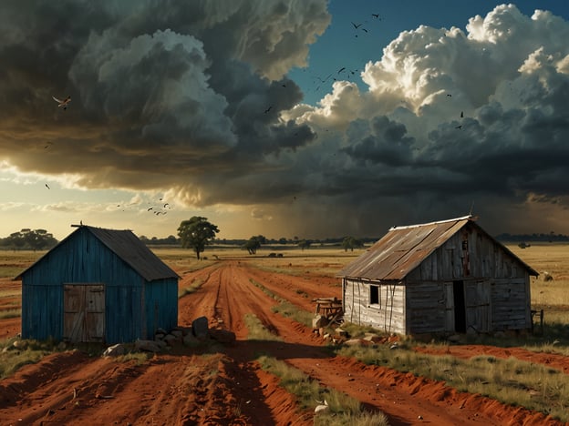 Auf dem Bild sind zwei verlassene Hütten in einer ländlichen Umgebung zu sehen, umgeben von roten Erdwegen und einer weiten Graslandschaft. Der Himmel ist dramatisch bewölkt, was auf bevorstehendes schlechtes Wetter hindeutet.**Herausforderungen für den Menschen:**1. **Wetterextreme:** Die drohenden Gewitter können Ernteverluste und Lebensraumverlust für Menschen und Tiere verursachen.2. **Ressourcenknappheit:** In ländlichen Gebieten müssen oft Wasser und Nahrungsmittel rationiert werden, besonders in Zeiten von Dürre oder Überschwemmungen.3. **Abwanderung:** Verlassene Gebäude können ein Zeichen für Abwanderung in hunderten von Dörfern sein, was wirtschaftliche und soziale Probleme verursacht.**Herausforderungen für die Natur:**1. **Biodiversität:** Veränderungen im Klima und menschliche Aktivitäten bedrohen viele Arten in solchen Regionen.2. **Erosion:** Rote Erde könnte auf Erosionsprobleme hinweisen, die durch intensive landwirtschaftliche Nutzung oder unverändert gelassene Böden entstehen.3. **Klimaänderungen:** Extreme Wetterereignisse stellen eine Gefahr für die Ökosysteme dar, die auf vorhersagbare klimatische Bedingungen angewiesen sind.