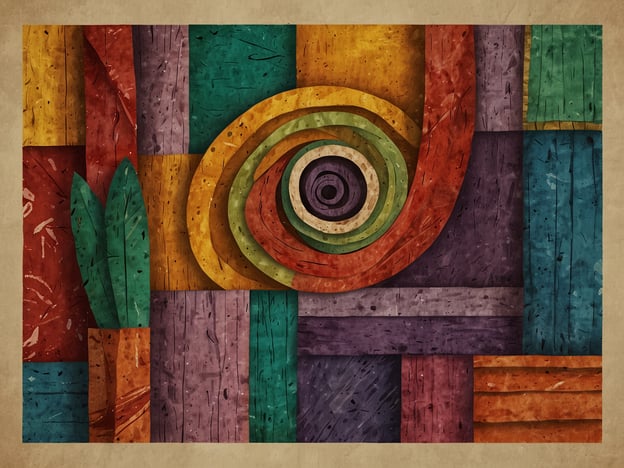 Auf dem Bild sind lebendige und farbenfrohe geometrische Formen zu sehen, die in verschiedenen Tönen und Texturen angeordnet sind. Diese Art der Darstellung könnte an die farbenfrohen Muster und Kunsthandwerke in der Kultur der Zentralafrikanischen Republik erinnern, wo traditionelle Kunstwerke oft lebhafte Farben und organische Formen verwenden.In der zentralafrikanischen Kunst sind Symbole und Muster häufig mit spirituellen und gesellschaftlichen Bedeutungen verbunden. Die verwendeten Farben könnten ebenfalls die Natur und die verschiedenen Elemente des Lebens in der Region widerspiegeln, wie Erde, Pflanzen und Kultur. Solche Kunstwerke sind oft Teil von Zeremonien oder präsentieren die Geschichten und Traditionen der verschiedenen ethnischen Gruppen der Zentralafrikanischen Republik.