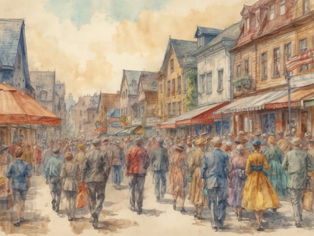 Eine belebte Straße mit vielen Fußgängern, die in verschiedene Richtungen gehen. Die Figuren sind in historische Kleidung gekleidet und die Szenerie vermittelt eine lebhafte Atmosphäre. Auf der linken Seite steht ein Marktschirm. Im Hintergrund sind mehrere Gebäude mit Schildern und Fenstern zu sehen, die typisch für eine kleine Stadt sind. Die Farbpalette ist sanft und warm, mit einem Himmel, der eine leichte Wolkenbildung zeigt. Die gesamte Komposition strahlt ein Gefühl von Gemeinschaft und Alltag aus.