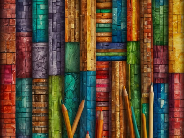 Auf dem Bild sind farbige geometrische Formen und Muster zu sehen, die eine fast mosaikartige Struktur bilden. Diese visuelle Anordnung erinnert an die kulturelle Vielfalt Kameruns, wo verschiedene Ethnien und Regionen durch lebendige Textilien und Kunstwerke repräsentiert werden.Die leuchtenden Farben könnten die traditionellen Stoffe symbolisieren, die für Bekleidung und Zeremonien verwendet werden. Kamerun ist bekannt für seine reichhaltige Kunst- und Handwerksszene, einschließlich Holzschnitzereien, Töpfereien und der Verwendung natürlicher Farbstoffe. Die Farben und Muster auf dem Bild könnten auch die reiche Flora und Fauna des Landes darstellen, die in vielen traditionellen Kunstformen eine Rolle spielt.