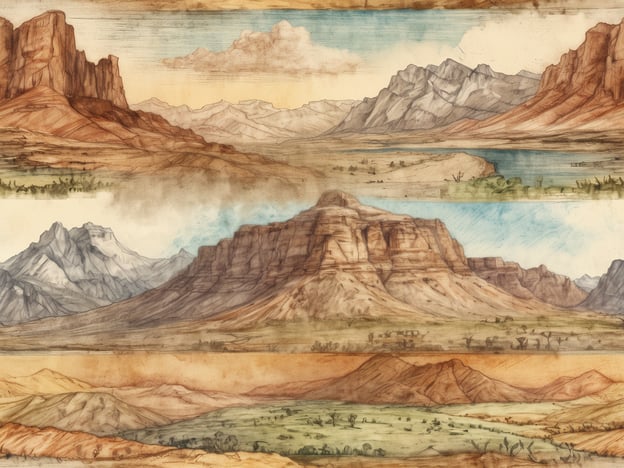 Eine künstlerische Darstellung von verschiedenen Landschaften, die in horizontalen Abschnitten angeordnet sind. Im oberen Abschnitt sind hohe Berge und eine klare Himmelssituation zu sehen. Der mittlere Abschnitt zeigt eine gemischte Landschaft mit einem Plateau und sanften Hügeln, während im unteren Abschnitt weite Felder und sanft geschwungene Berge dargestellt sind. Die Farben variieren von warmen Erdtönen bis hin zu kühlerem Blau, was die unterschiedlichen Landschaftsstile hervorhebt.